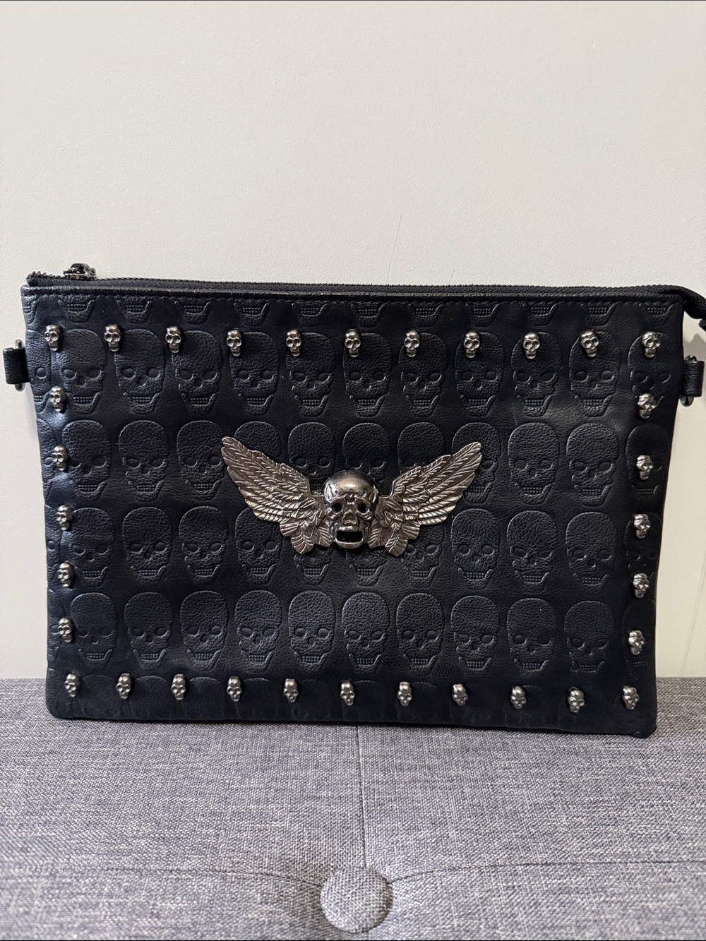 Men's Black Skull-Embossed Winged Skull Clutch